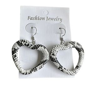 Snakeskin Heart Shaped Black and White Drop Earrings